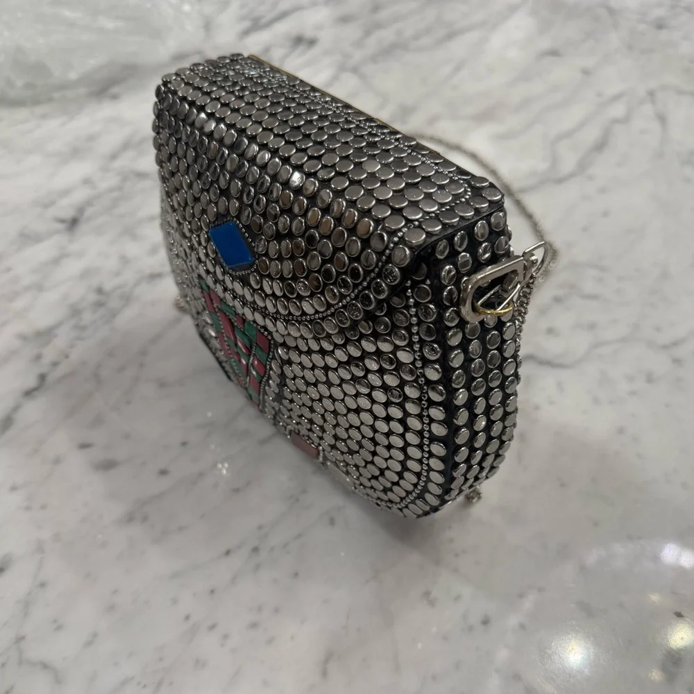EXCELLENT $235 Ramla Handmade Mosaic Silver Beaded Mini Bag Unique Collectible - Picture 7 of 10